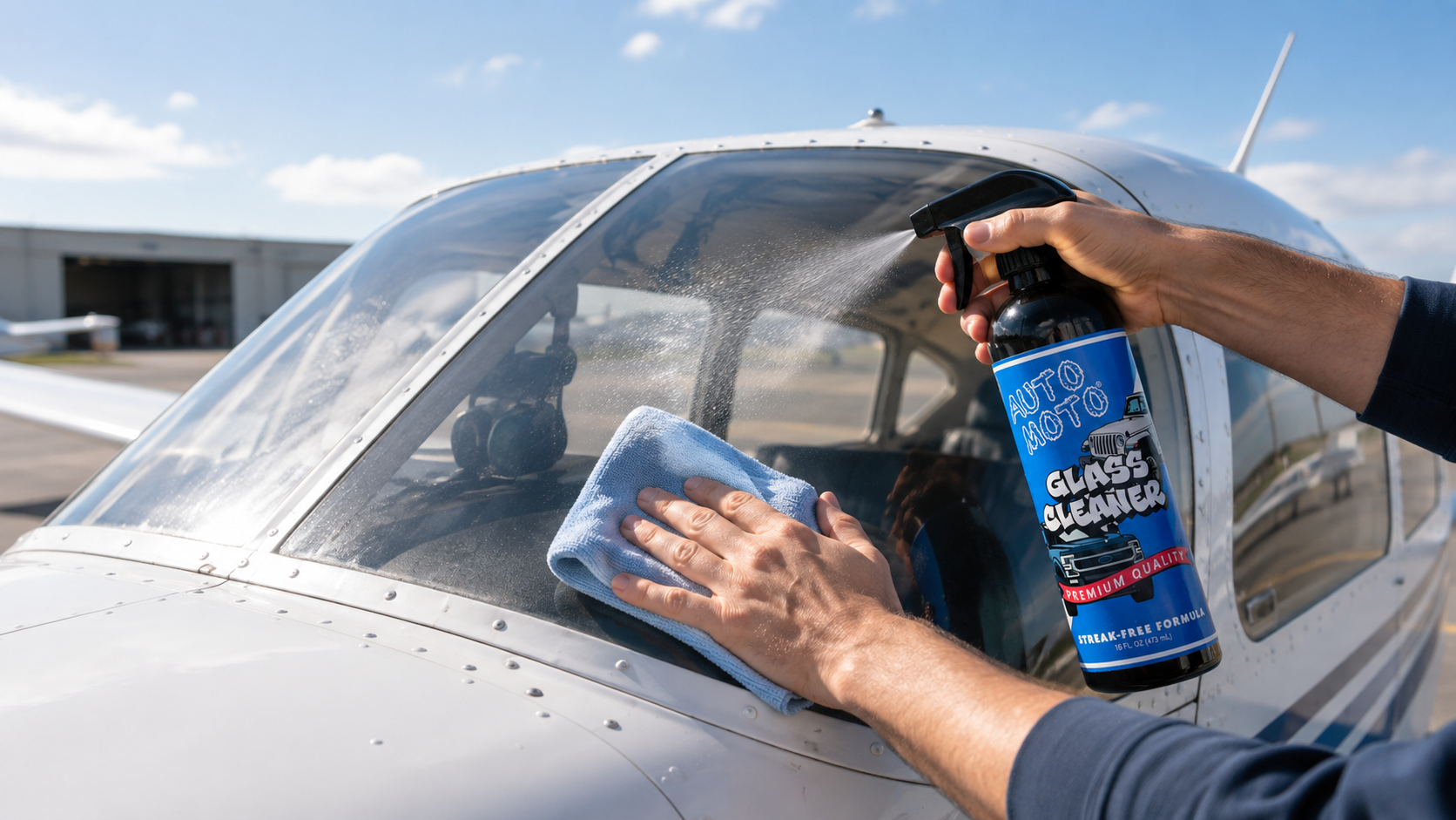 A person uses a blue microfiber cloth and a black spray bottle of Auto Auto Glass Cleaner on the windshield of a white airplane on an airfield.