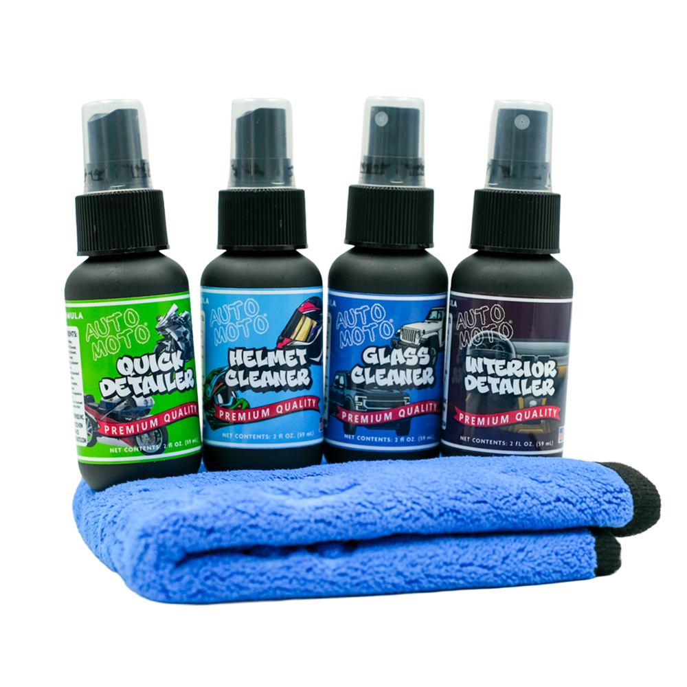 AutoMoto Motorcycle Cleaning Starter Pack - Quick detailer, helmet cleaner, glass cleaner, interior detailer, and microfiber cloth
