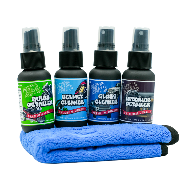 AutoMoto Motorcycle Cleaning Starter Pack - Quick detailer, helmet cleaner, glass cleaner, interior detailer, and microfiber cloth