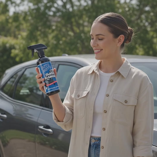 AutoMoto Glass Cleaner being used by a woman cleaning her car window